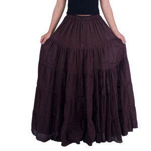 WOMENS BROWN LONG Cotton Ruffle Skirt Full Circle Long Maxi Skirt Comfortable Elastic Waist Bohemian Skirt Flowy Boho Fall Dress zdjęcie 5