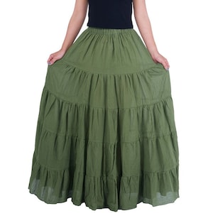 WOMENS GREEN LONG Cotton Ruffle Skirt Full Circle Long Maxi Skirt Comfortable Elastic Waist Bohemian Fall Skirt Flowy Halloween Dress image 2