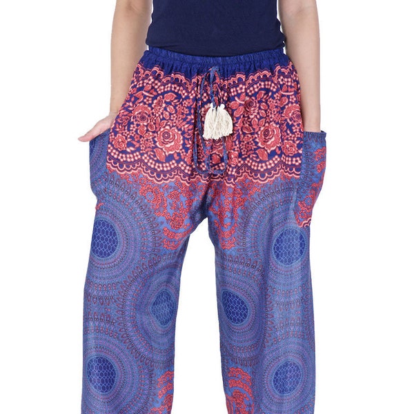 DARK Blue Hippie Harem Boho Pants - S M L XL XXL - Rose Mandala - Festival & Yoga Wear - Bohemian Thai Pants - Drawstring Waist - Plus Size