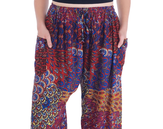 Red Peacock Harem Pants: Rayon Boho Festival Trousers