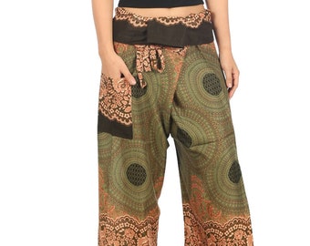 GREEN THAI FISHERMAN pants - Womens and Mens Yoga Trousers - Wide Legs Pants - Plus Sizes - Mandala Print - Lounge Thailand Rayon Pants