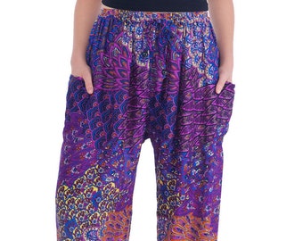 PURPLE PEACOCK PANTS - Drawstring Pants - Festival Wear - Thailand Pants -Elastic Waist - Plus Sizes - Bohemian Style - Hippie Boho Yoga