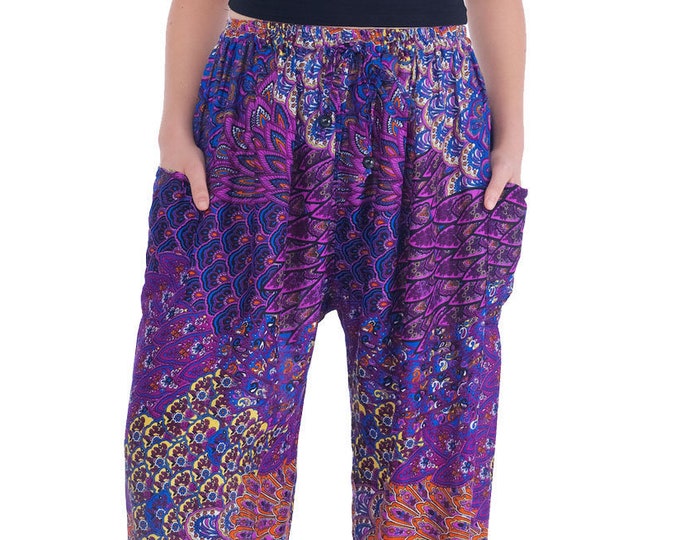 Purple Peacock Rayon Pants: Bohemian Festival Style, Elastic Waist