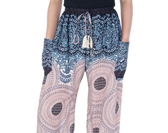 Rose Mandala Harem Pants: Flowy Rayon Boho Trousers - S-XXL