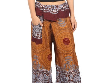 BROWN THAI FISHERMAN Pants - Women's and Men's Yoga Trousers - Wide Legs Pants - Plus Sizes - Mandala Print - Lounge Thailand Rayon Pants