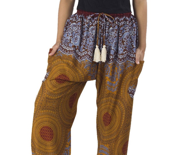 Brown Rose Mandala Rayon Harem Pants: Boho Festival Yoga Wear