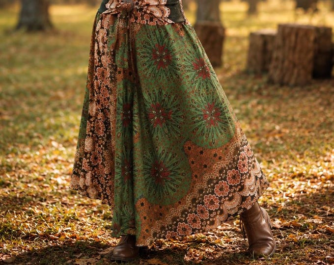Green Mandala Maxi Skirt Best Fall Fashion Clothing - 2 In 1 Boho Skirt And Dress - Autumn Festival Outfit For Women With Coconut Tie