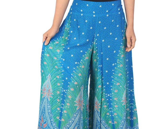 Peacock Print Palazzo Pants: Handmade Rayon Bohemian Wide Leg Trousers