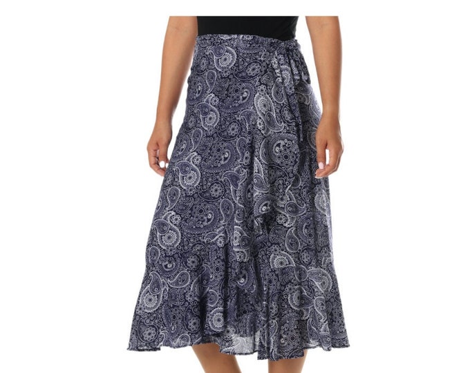 Boho Rayon Midi Skirt: High Waisted Wrap, Hippie Summer Clothing