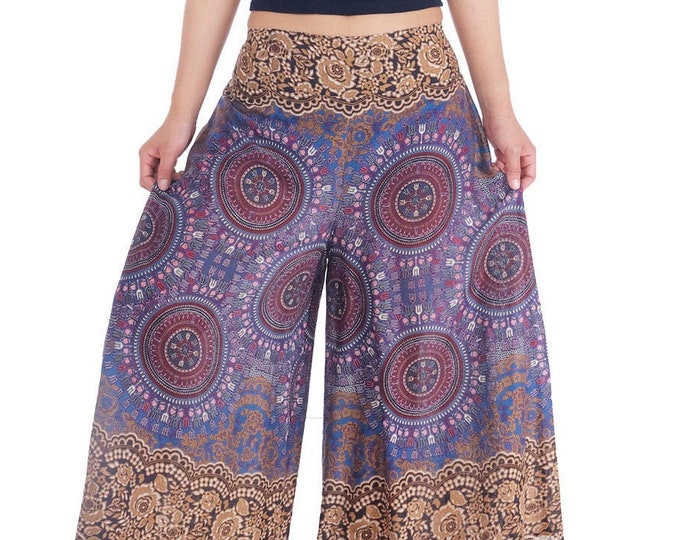 Handmade Brown Rayon Palazzo Pants: Boho High Waisted Wide Leg
