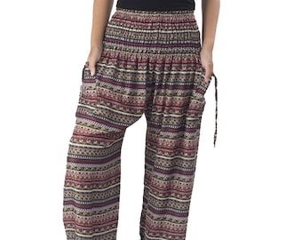 BROWN BOHO PANTS - Smocked Waist Yoga Harem Pants - Paisley Print Rayon Hippie Trousers - Hippie Thai Pants - Light Weight Sumer Clothing