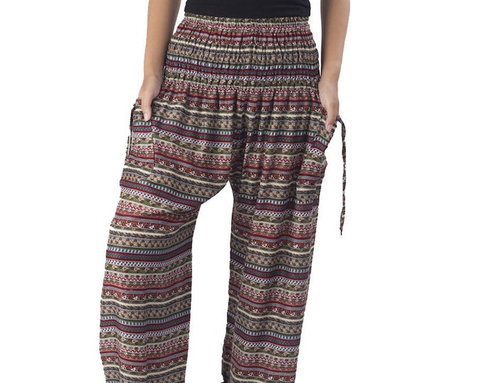 Brown Paisley Harem Pants: Smocked Waist Boho Rayon Trousers