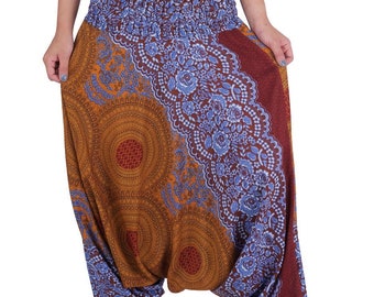 Mandala Print Harem Pants Jumpsuit: Boho Thai Rayon Trousers