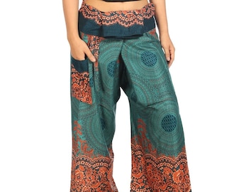 FISHERMAN PANTS - WIDE Leg Pants - Hip Adjustable Teal Mandala Yoga Pants for Women - Rayon Fabric Pants