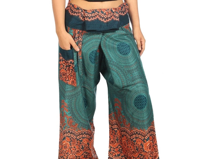 Teal Mandala Rayon Fisherman Pants - Wide Leg Yoga Trousers