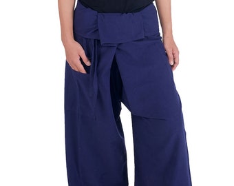 PANTALON DE YOGA UNISEXE - Pantalon de pêcheur thaïlandais - Pantalon hippie uni bleu foncé - Pantalon bohème festival - Pantalon confortable en coton uni