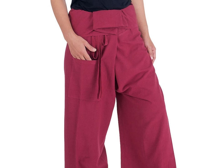 Handmade Thai Fisherman Pants: Burgundy Cotton Yoga Hippie Trousers
