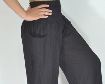 Elastic Waist Black Harem Pants with Pockets ~ Comfy Boho Yoga Thai Pants ~ Womens Barrel Pants For Summer Festival