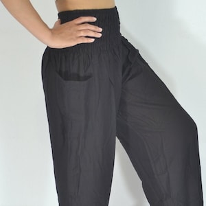 NATURAL BLACK THAI Yoga Pants - Plain Harem Pants - Comfy Elastic waist Boho Hippie Trousers - Many Sizes fit All - Great Festival Pants