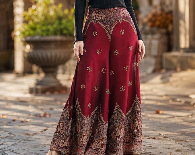 Burgundy Palazzo Pants Fall Fashion Womens Clothing - Wide Leg Rayon Trousers For Autumn - Comfy Thai Pants Plus Size Clothing - Yoga Pants