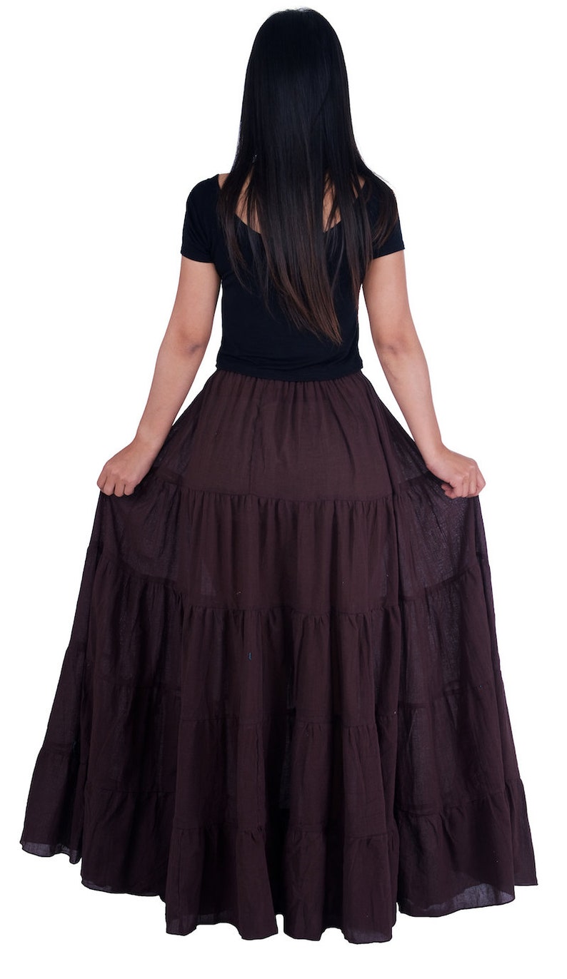 WOMENS BROWN LONG Cotton Ruffle Skirt Full Circle Long Maxi Skirt Comfortable Elastic Waist Bohemian Skirt Flowy Boho Fall Dress zdjęcie 4