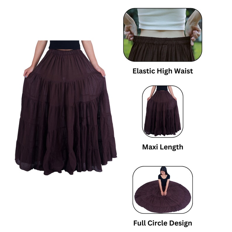 WOMENS BROWN LONG Cotton Ruffle Skirt Full Circle Long Maxi Skirt Comfortable Elastic Waist Bohemian Skirt Flowy Boho Fall Dress zdjęcie 6