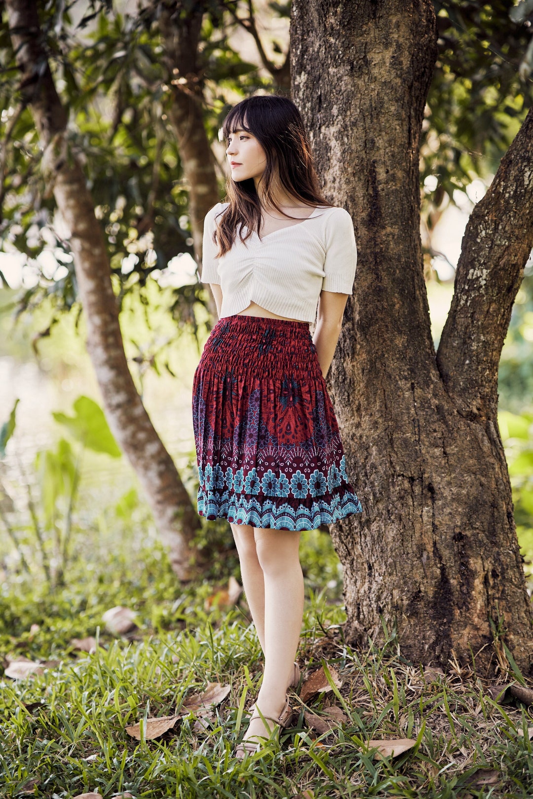 Red Floral Boho Mini Skirt: Hippie Rayon Skater Skirt
