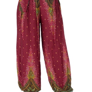 WOMEN FLOWY PANTS Burgundy Harem Hippie Trousers Petite to Plus Sizes ...