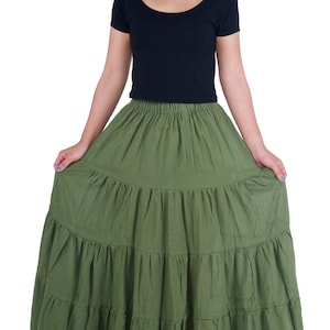WOMENS GREEN LONG Cotton Ruffle Skirt Full Circle Long Maxi Skirt Comfortable Elastic Waist Bohemian Fall Skirt Flowy Halloween Dress zdjęcie 4