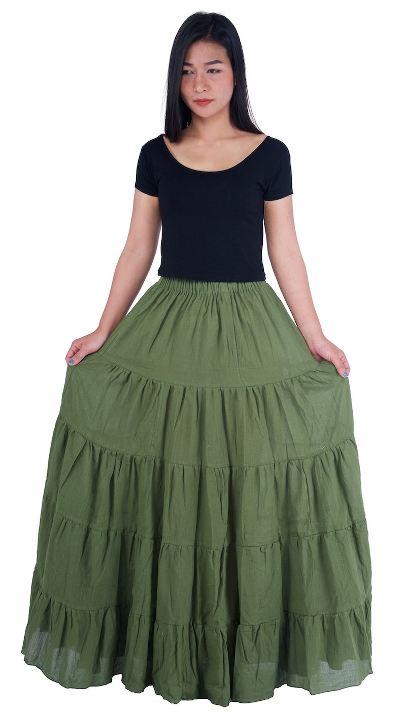 WOMENS GREEN LONG Cotton Ruffle Skirt Full Circle Long Maxi Skirt Comfortable Elastic Waist Bohemian Fall Skirt Flowy Halloween Dress image 4