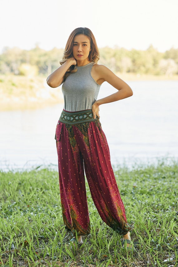 WOMEN FLOWY PANTS Burgundy Harem Hippie Trousers Petite to - Etsy