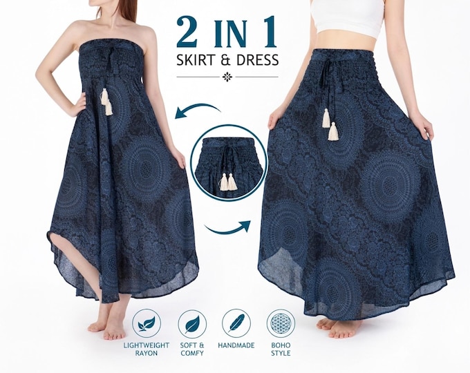 2in1 Skirt and Dress Boho Womens Clothing - Multiway Dress For Summer Vacation or Beach Cover Up - Convertible Beach Skirts For Women