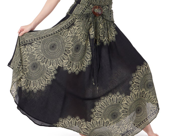 Black Mandala Rayon Maxi Skirt: Bohemian 2-in-1 Dress