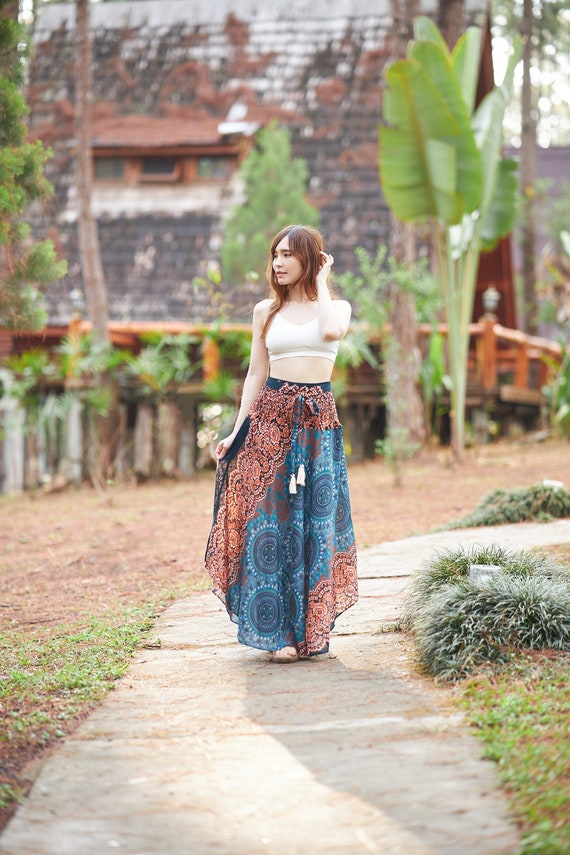 Teal Rayon Maxi Skirt: Bohemian Hippie Style, Plus Size Available