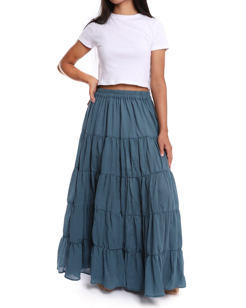WOMENS LONG COTTON Ruffle Skirt Dark Grey Full Circle Long Maxi Skirt Comfortable Elastic Waist Bohemian Fall Skirt Flowy Boho Dress image 4