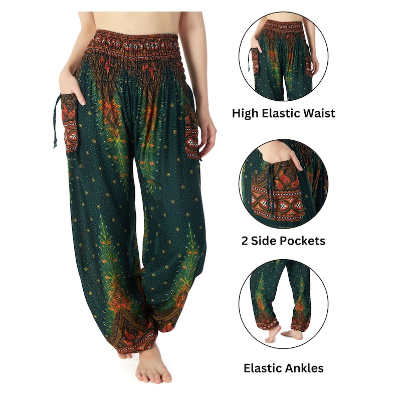 Green Hippie Pants Women Boho Lounge Pants Flowy Harem Trousers Bohemian Hippy Clothes Genie Gypsy Pants Fall Clothing image 4