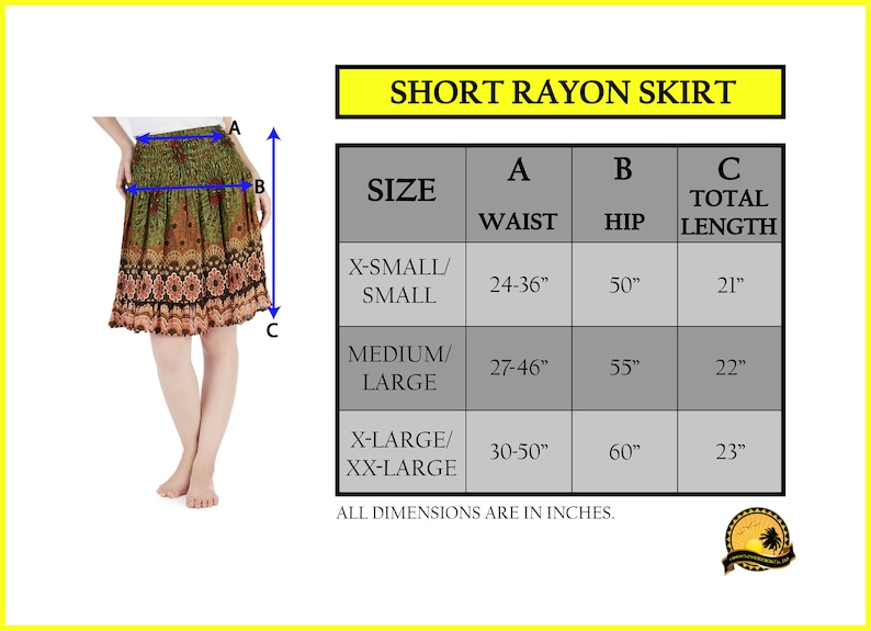 Peut inclure: Tableau des tailles pour une jupe courte en rayonne avec des mesures en pouces pour la taille, les hanches et la longueur totale. La jupe est disponible en tailles XS/S, M/L et XL/XXL.