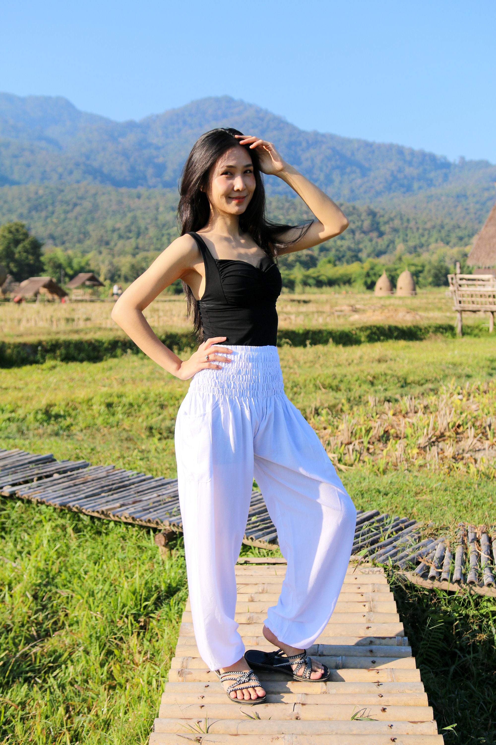 早割シーズン券 Pants Yoga Boho Women Pants Harem White - Hippie Flowy Clothing