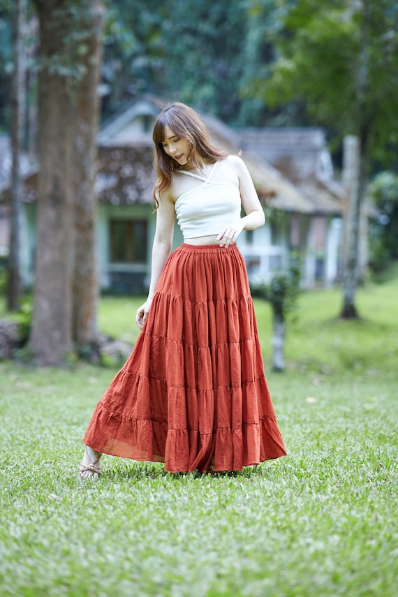 ORANGE MAXI SKIRT Flowy Long Dress Soft Comfy Plus Size Long Ruffle Skirt  for Women Cotton Boho Fall Skirts 