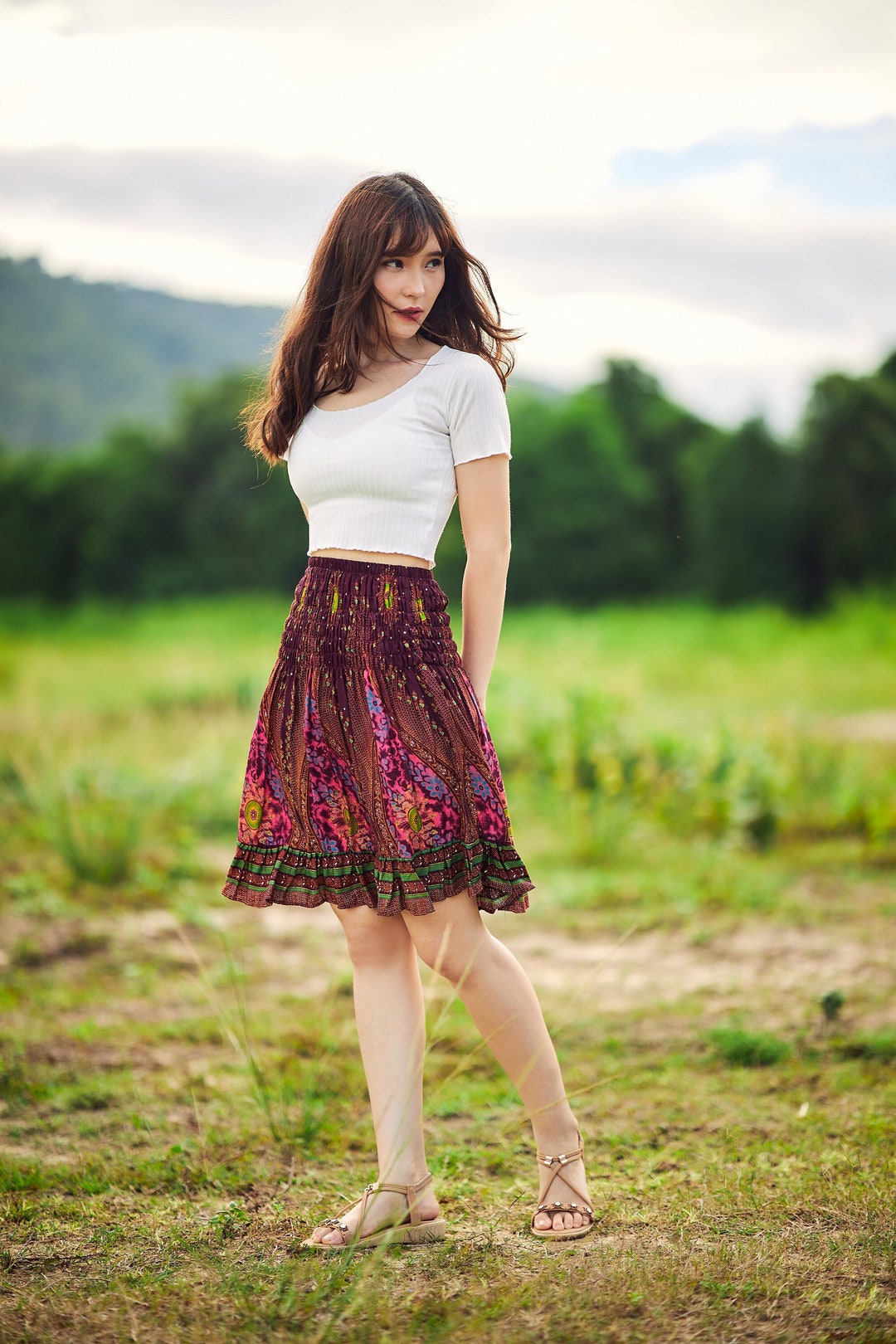RED BOHO SKIRT Women Above Knee Length Short Skirt - Ruffle