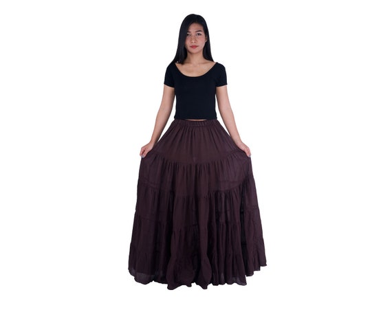 WOMENS BROWN LONG Cotton Ruffle Skirt Full Circle Long Maxi | Etsy UK