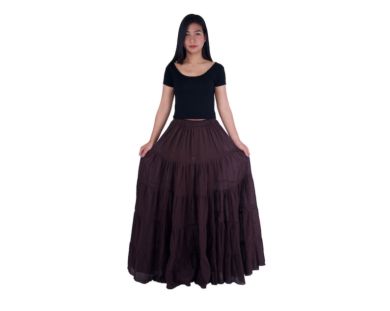 WOMENS BROWN LONG Cotton Ruffle Skirt Full Circle Long Maxi Skirt Comfortable Elastic Waist Bohemian Skirt Flowy Boho Fall Dress zdjęcie 5