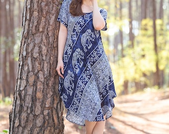 Boho Rayon Dress with Pockets: Elephant Print Hippie Sundress
