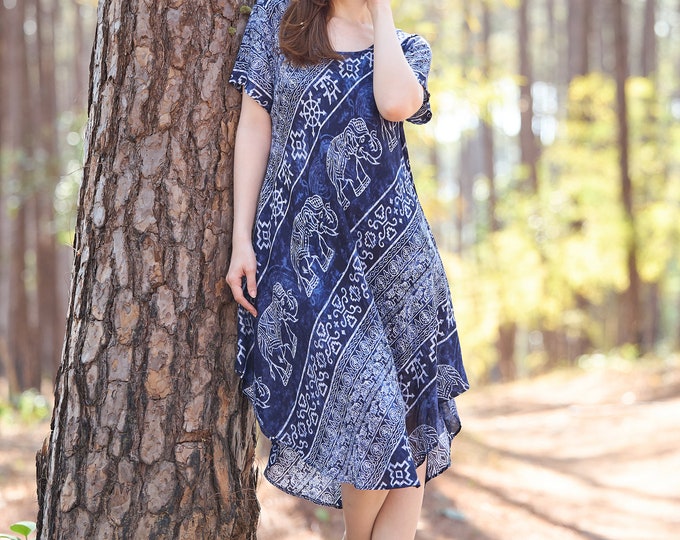 Boho Rayon Dress with Pockets: Elephant Print Hippie Sundress