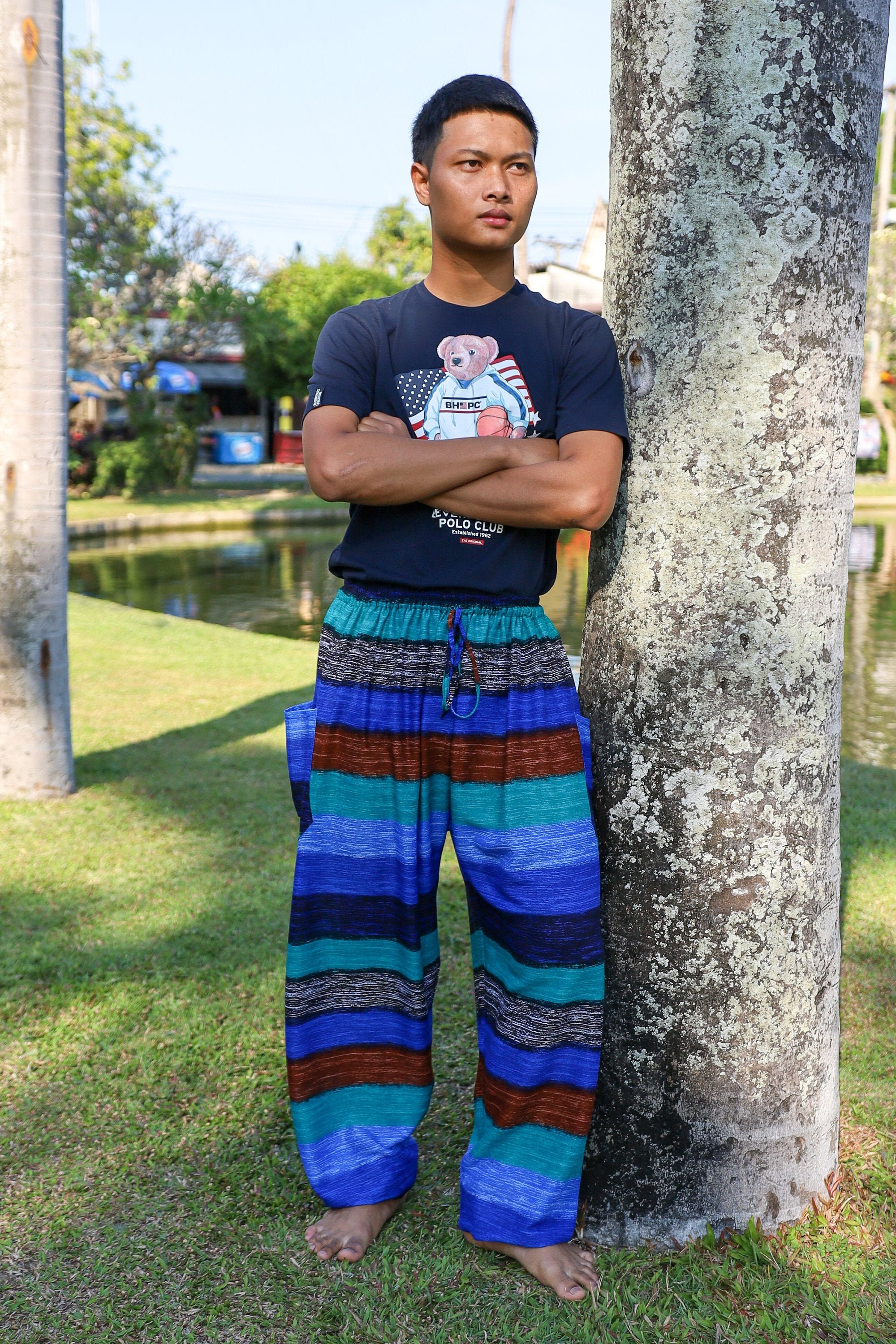 BLUE HAREM PANTS Men Striped Printed Rayon Hippie Pants Comfy