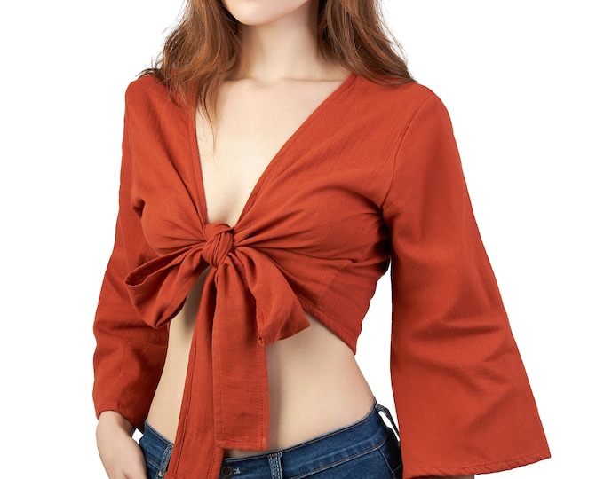 Orange Cotton Boho Wrap Top: Convertible Hippie Blouse