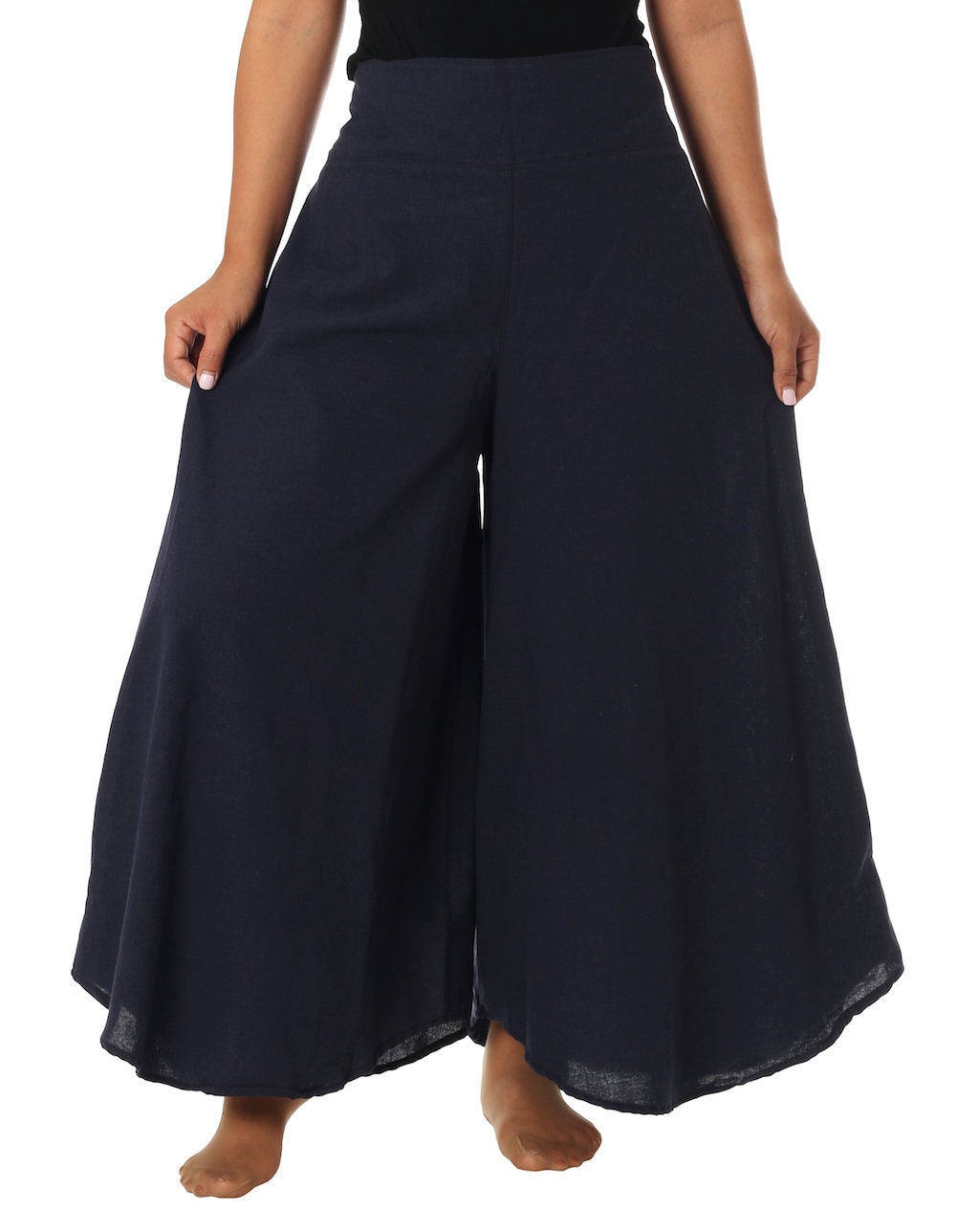 PATRORNA Dark Blue Loose Fit Mid Rise Palazzos