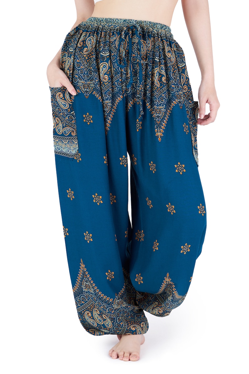 Türkisfarbene Haremshose im Sommer-Festival-Stil – Plus-Size-Hose mit Kordelzug, beste Boho-Damenbekleidung – Thai-Yoga-Jogginghose für Burning Man Teal