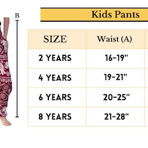 May include: Size chart for kids' pants with measurements in inches. The chart shows waist and total length measurements for sizes 2, 4, 6, and 8 years.