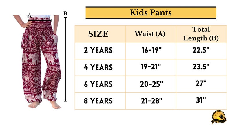 May include: Size chart for kids' pants with measurements in inches. The chart shows waist and total length measurements for sizes 2, 4, 6, and 8 years.